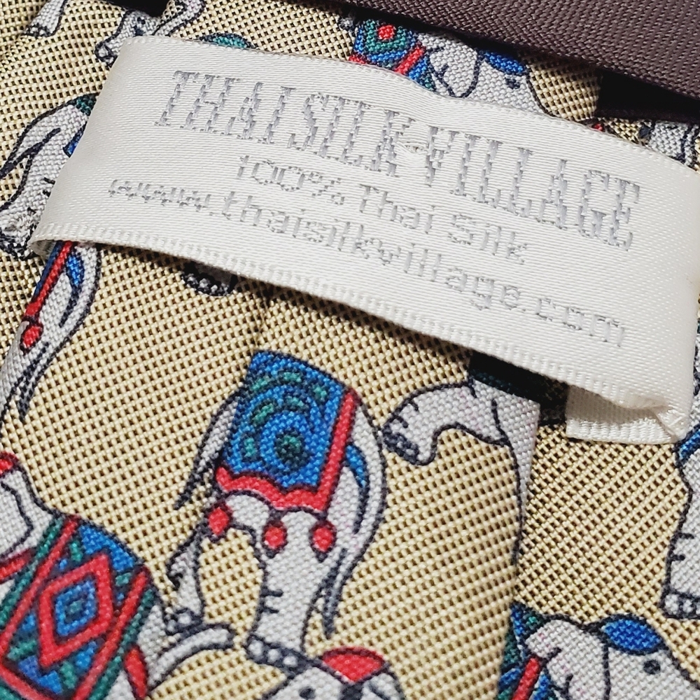 Thai Silk Village Necktie Multicolor Geometric Pattern Men's Silk Elephant Theme - Picture 3 of 5